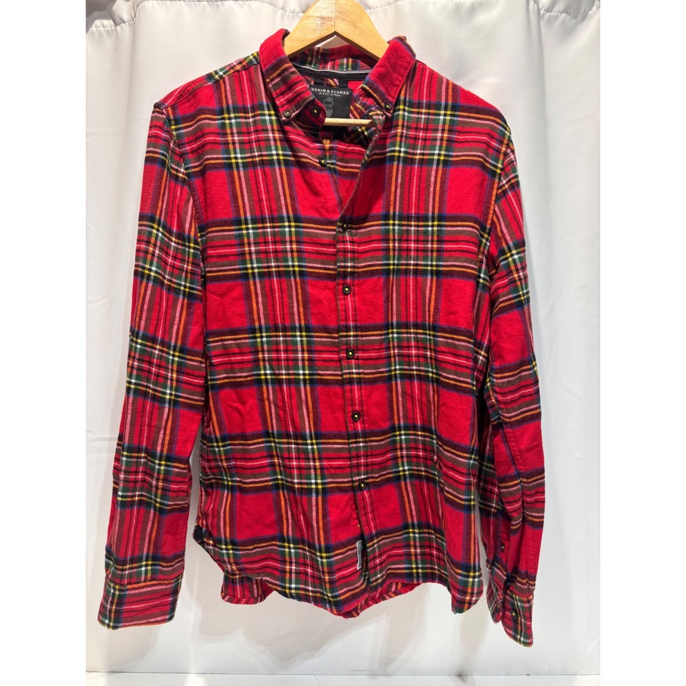 Denim & Flower Flannel Shirt Mens M Red Plaid Cotton Button Down Long Sleeve